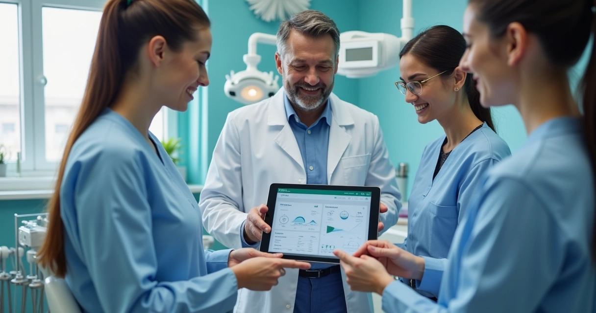 Equipe odontológica usando tecnologia para gestão de pacientes 