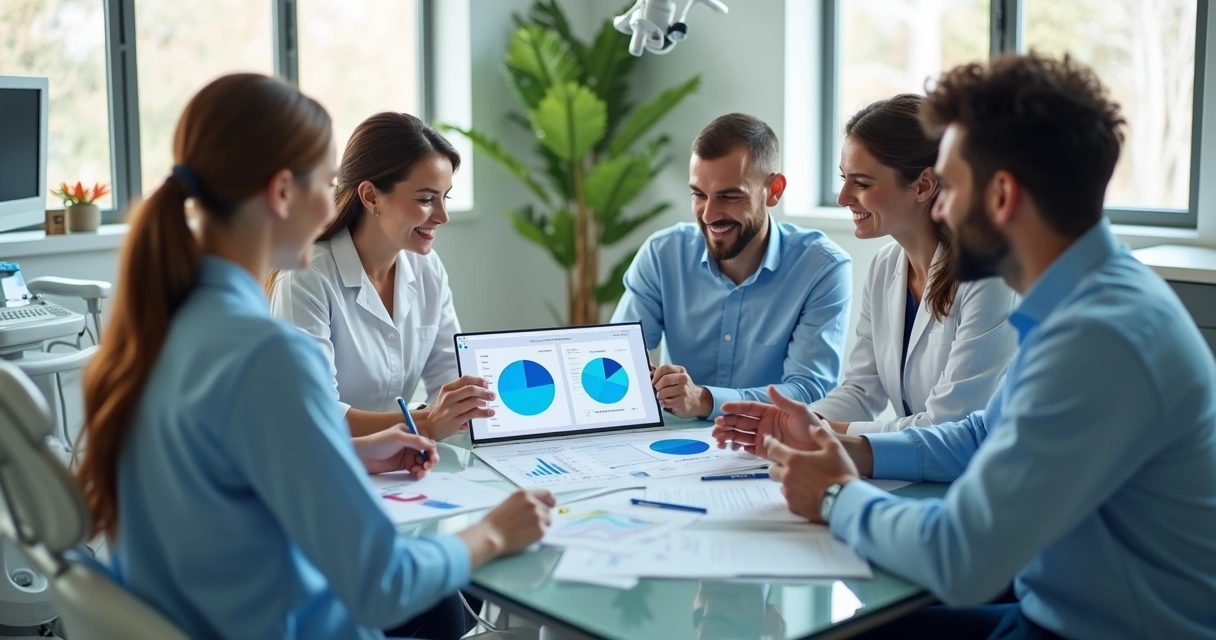 Equipe odontológica colaborando em ambiente moderno, discutindo resultados e estratégias 