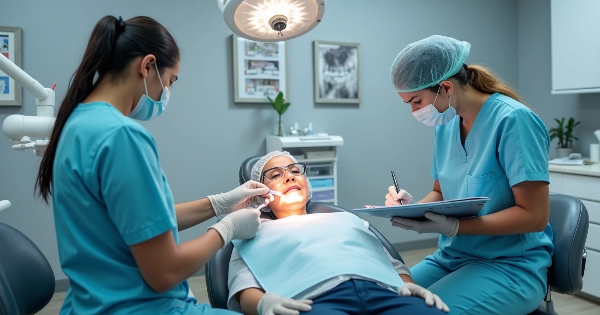 Dentista, ASB e TSB trabalhando integrados em atendimento odontológico 