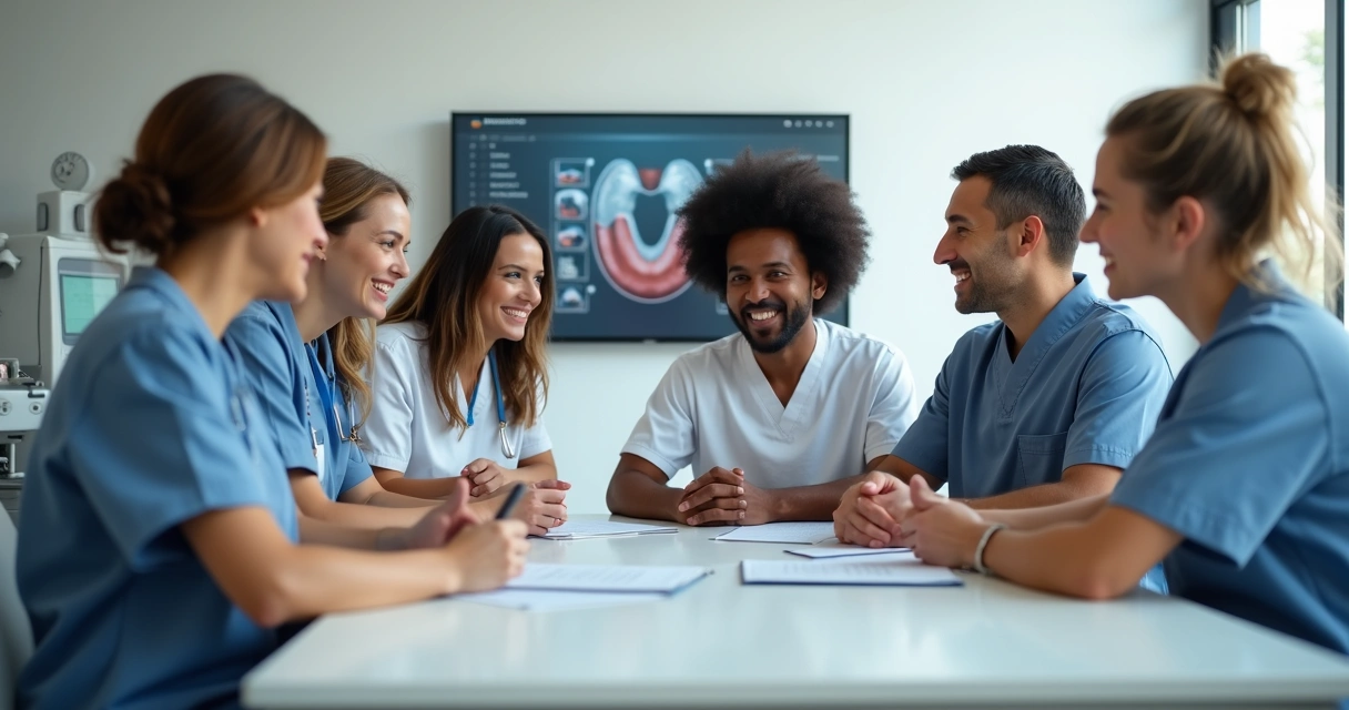 Equipe odontológica reunida em treinamento 