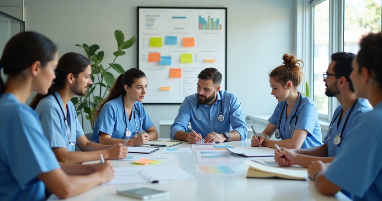 Equipe de clínica de saúde reunida em torno de uma mesa discutindo metas e indicadores 