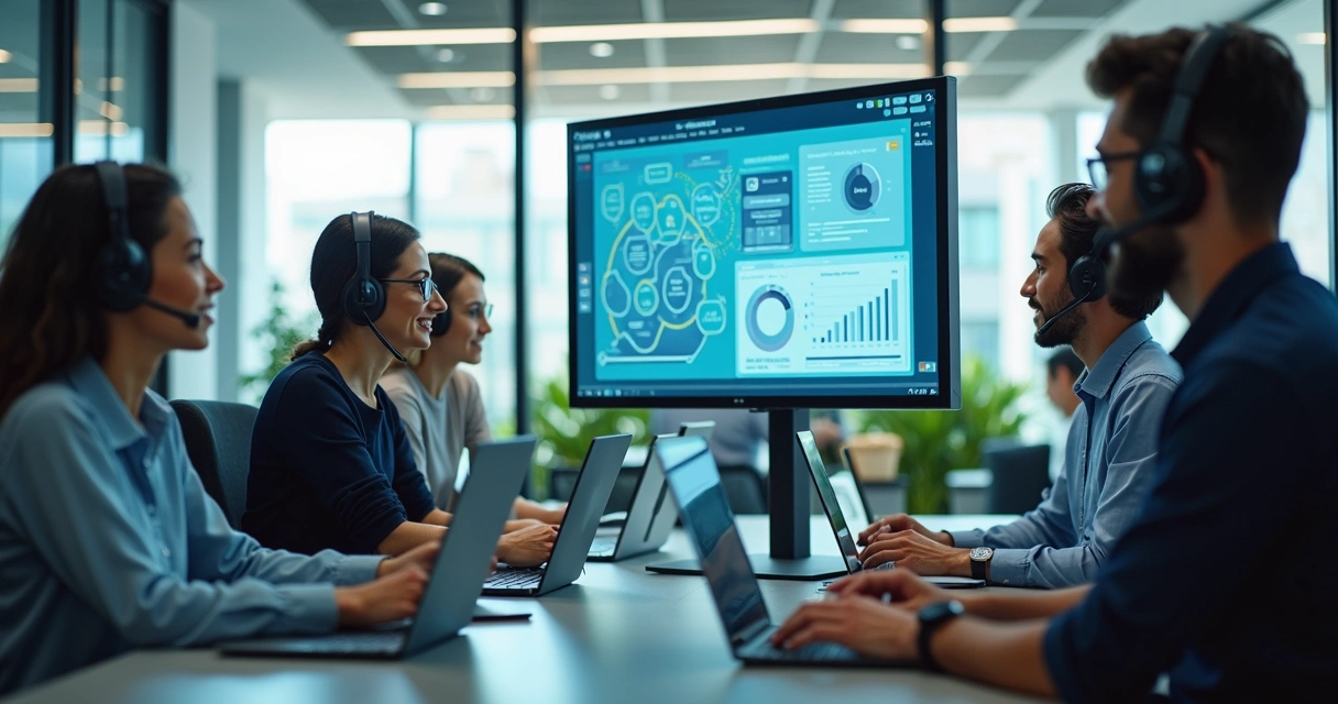 Equipe de atendimento utilizando sistemas integrados de tecnologia