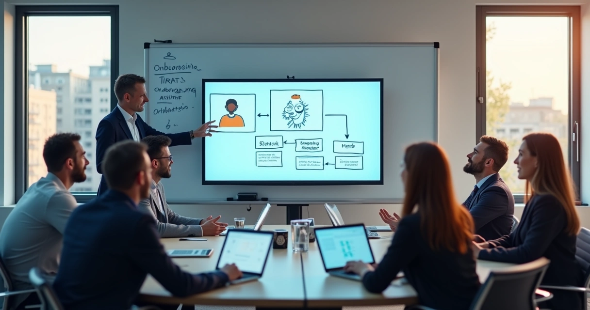 Equipe de RH e tecnologia testando um agente de IA de onboarding em sala de reunião 
