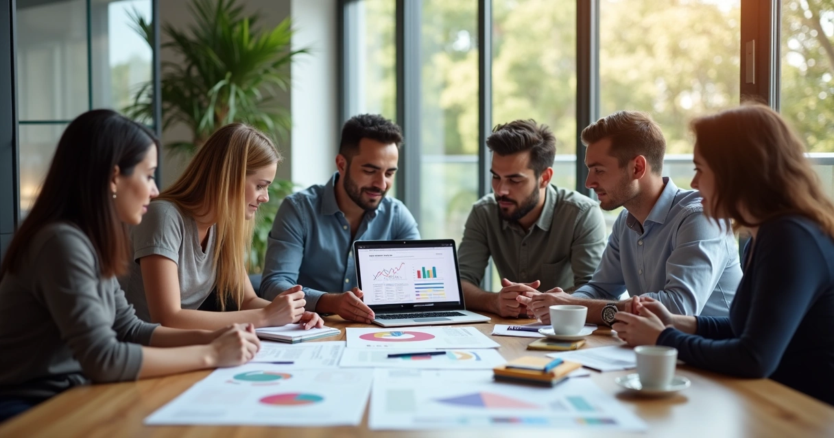 Equipe de uma ONG reunida ao redor de uma mesa analisando gráficos e relatórios de impacto social em laptop e papéis 