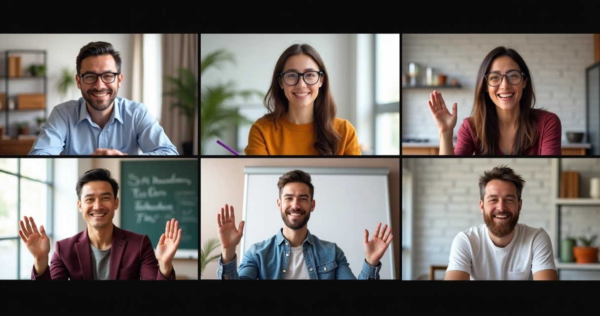 Equipe reunida em vídeo chamada, todos sorrindo e atentos, telas divididas mostrando diferentes ambientes 