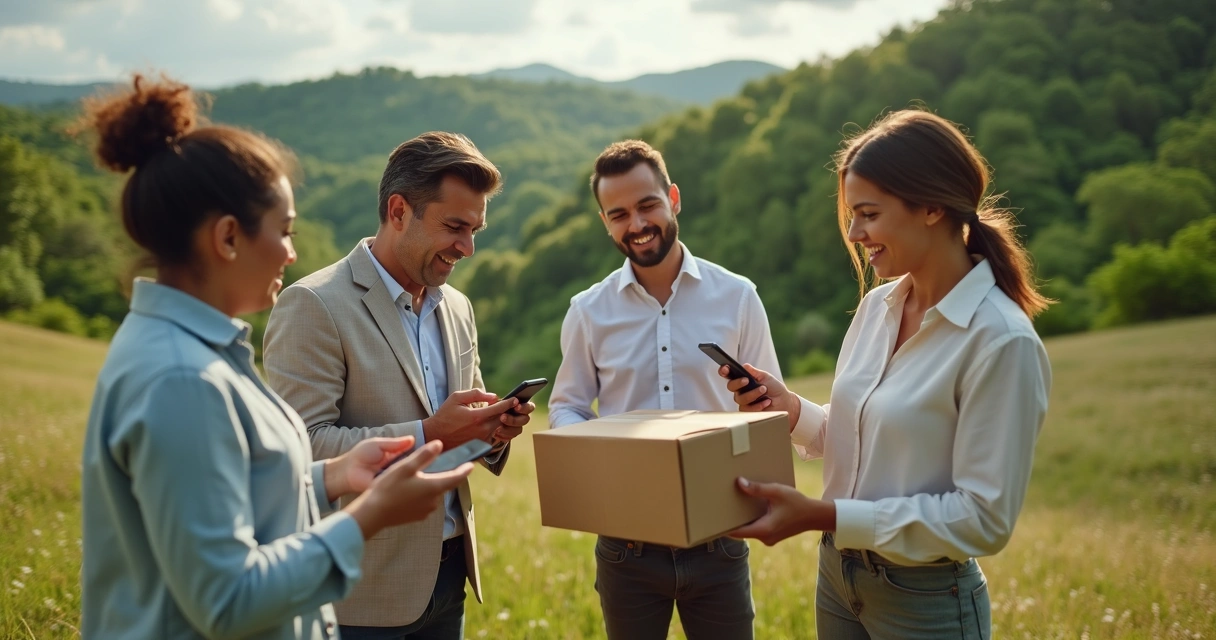 Equipe em operação de campo usando celulares ao ar livre 