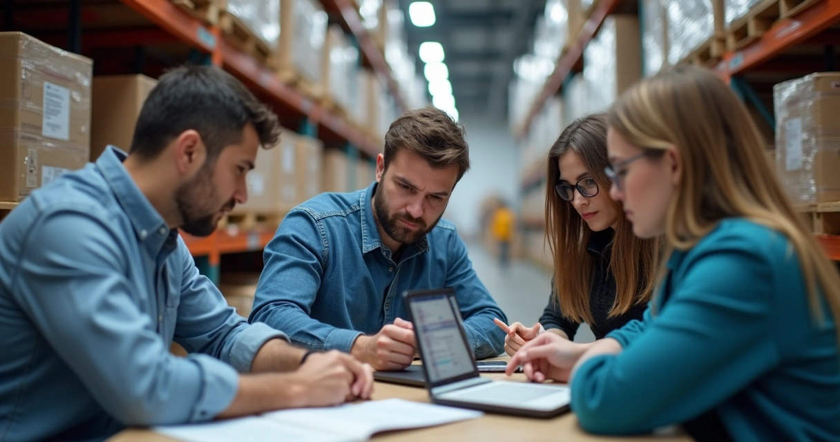 Equipes de operação e logística colaborando ao redor de estoques e computadores 