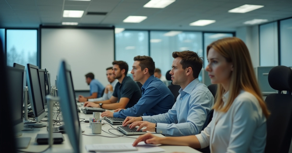 Funcionários de escritório trabalhando em computadores, alguns atentos e outros distraídos