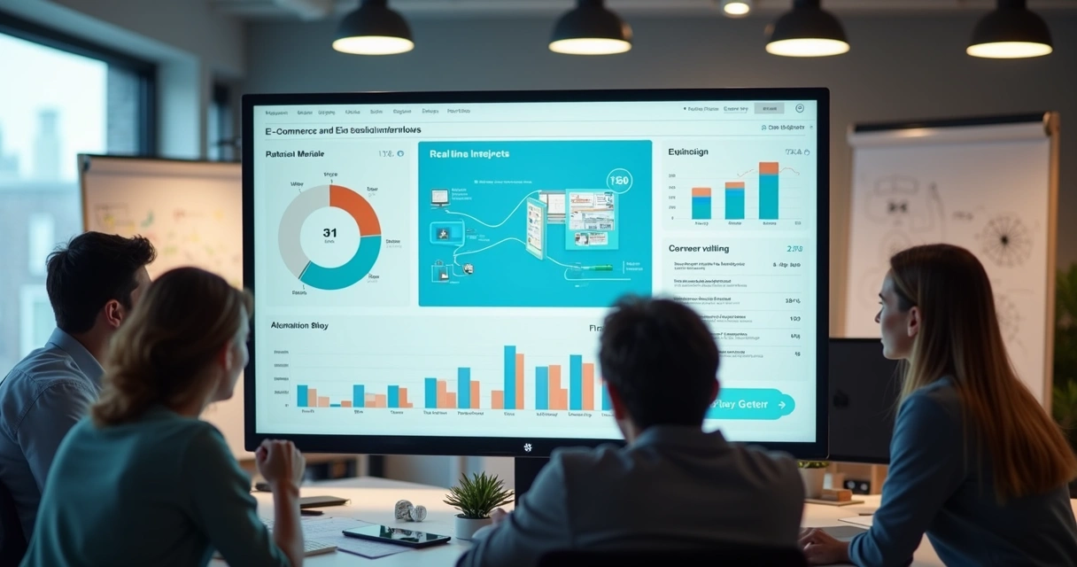 Equipe de e-commerce analisando fluxos automatizados e relatórios 