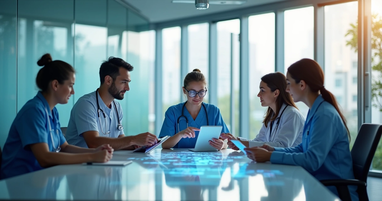 Equipe de profissionais de saúde alinhada em ambiente corporativo