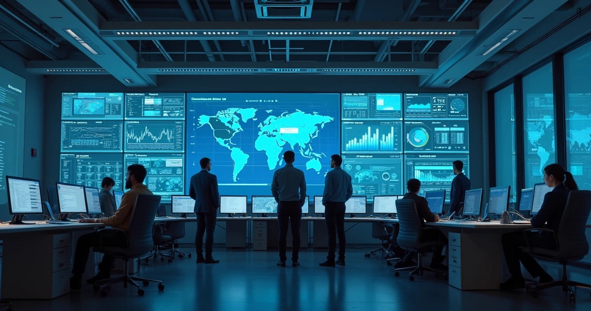 Equipe de operações monitorando dashboards de IA na empresa