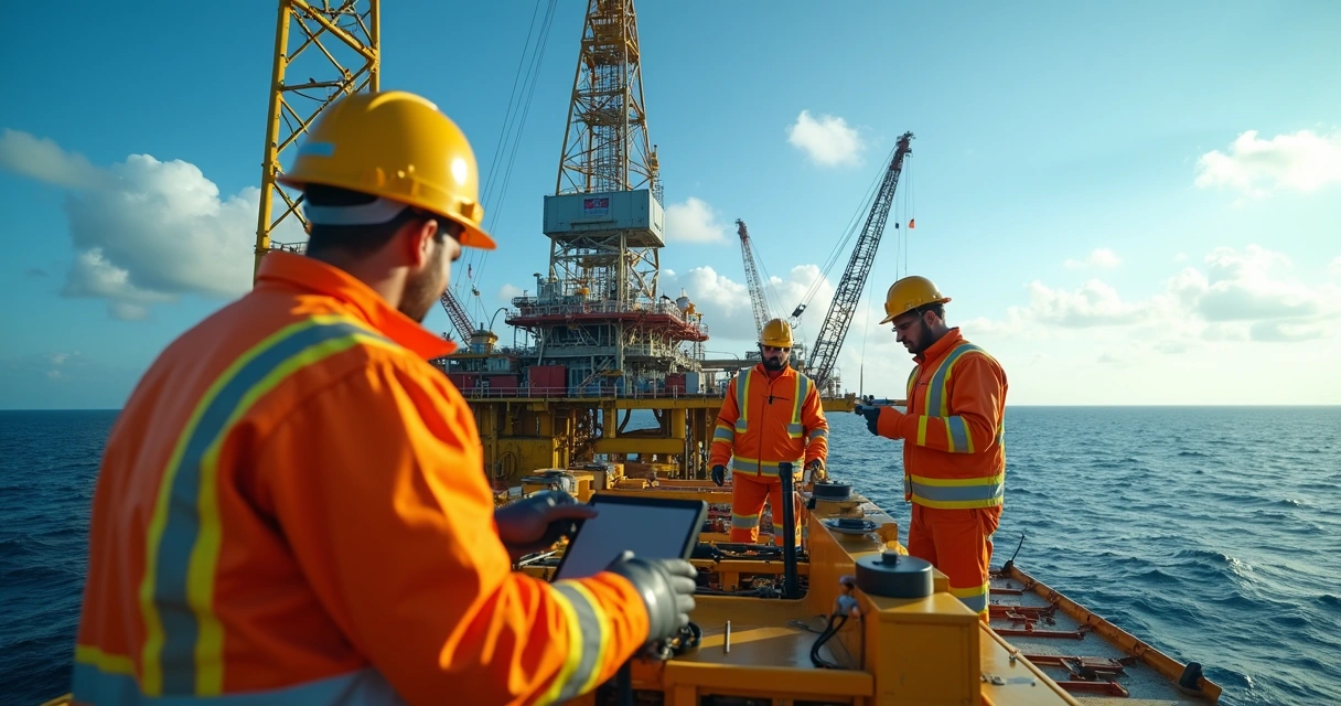 Operários de capacete trabalhando na plataforma de gás offshore 