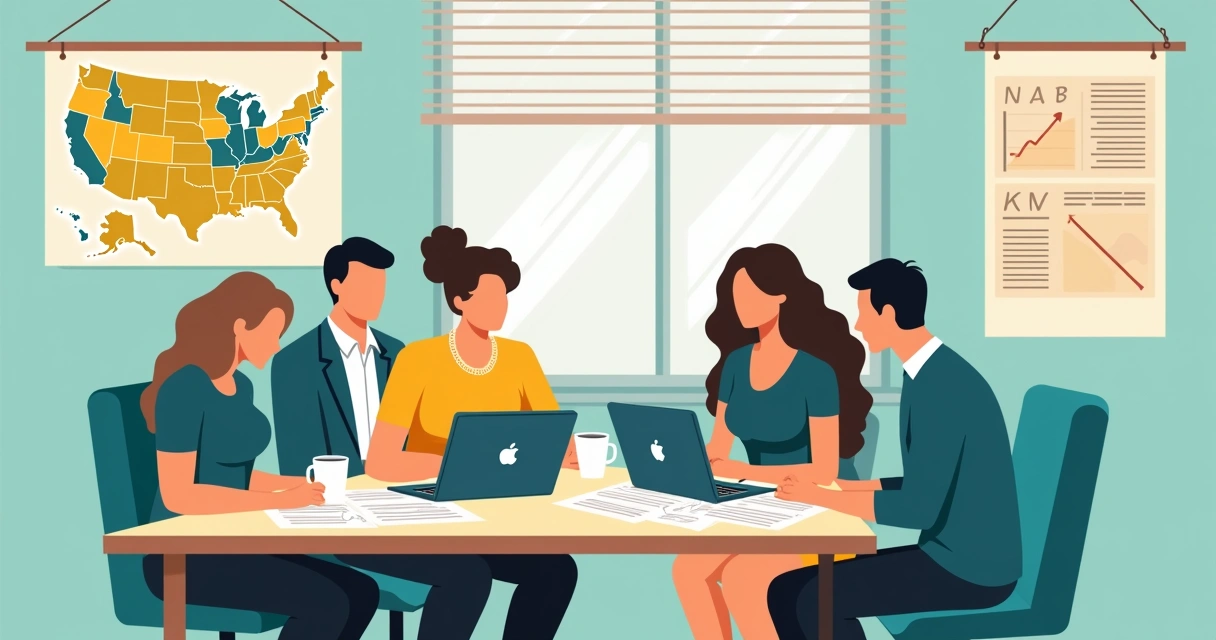 Equipe organizando materiais de campanha em cidade pequena, com computadores e banners em sala simples 