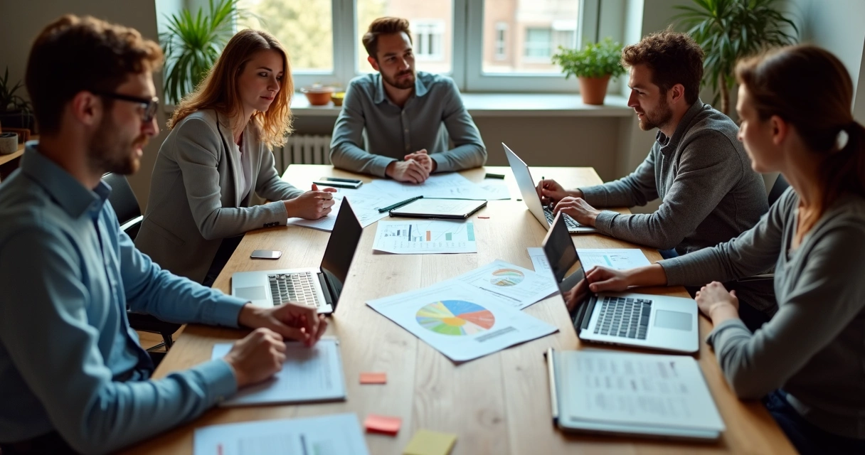 Equipe reunida em volta de uma mesa discutindo propostas de vendas com anotações visíveis 