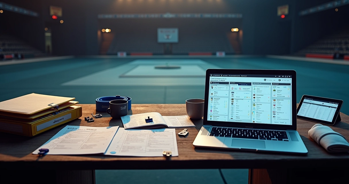 Três opções de equipe de organização de evento de jiu-jitsu representadas em um tabuleiro virtual 