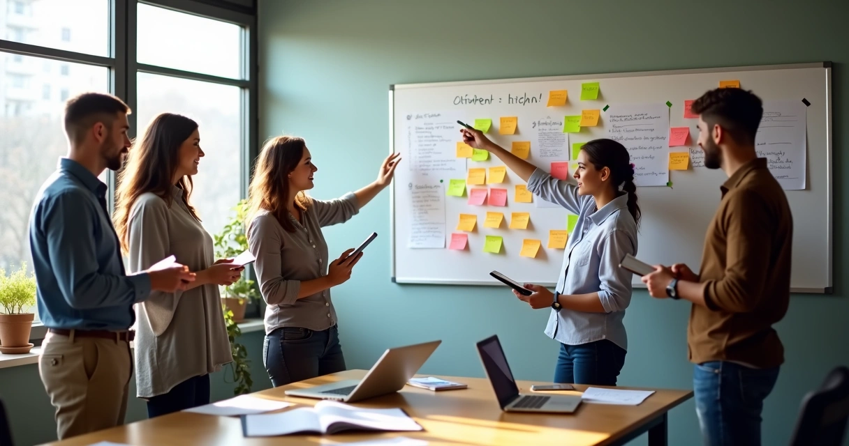 Equipe reunida organizando tarefas em um quadro branco 