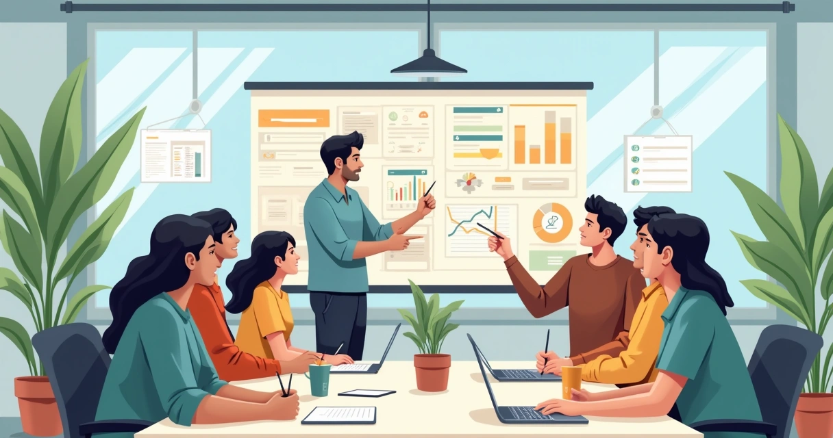 Equipe diversificada em uma reunião colaborativa em um ambiente de trabalho organizado.
