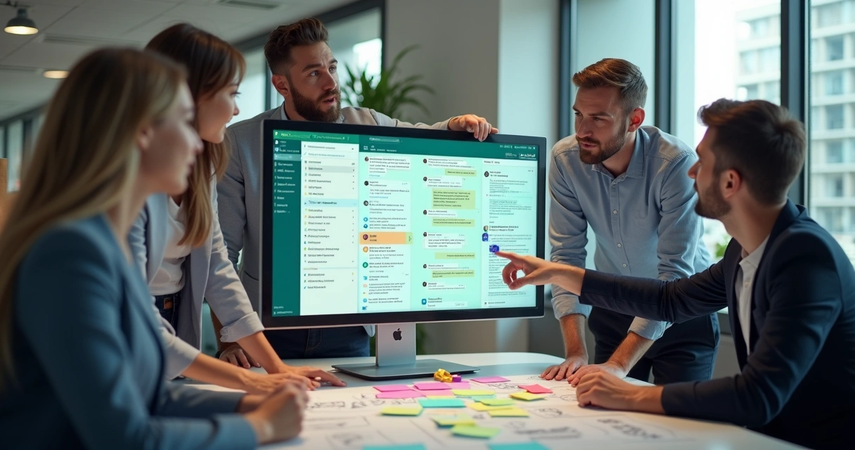 Equipe olhando tela de computador com etiquetas no WhatsApp 