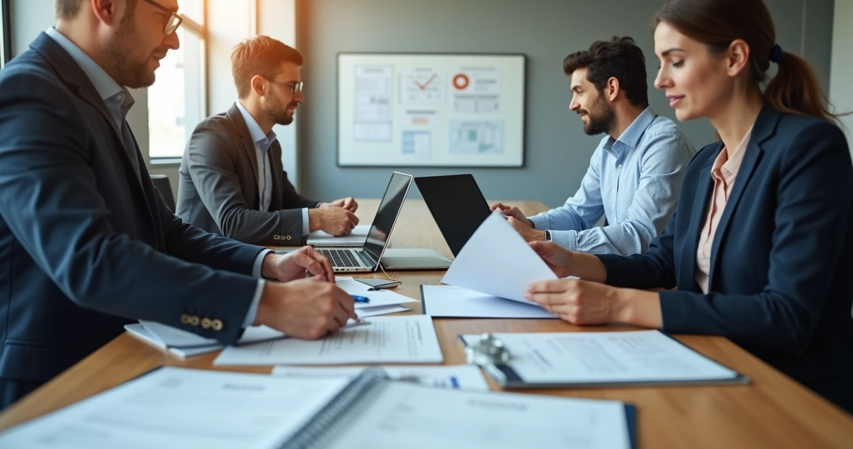 Equipe empresarial organizando documentos em mesa de reunião 