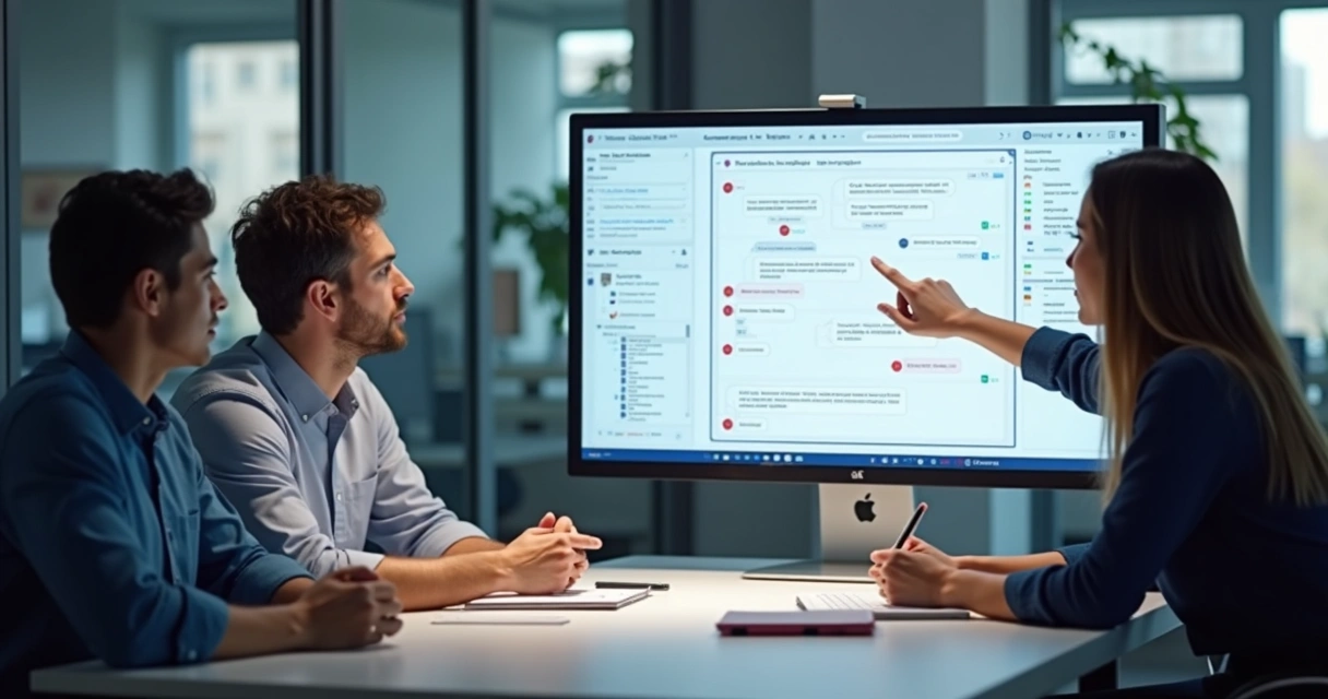 Equipe analisando histórico de conversas em telas de computador em ambiente corporativo. 