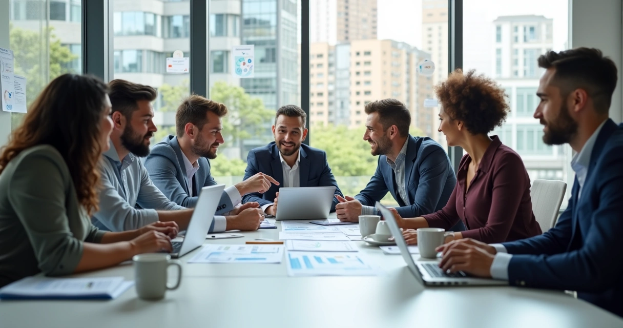 Equipe de profissionais reunida, discutindo ideias em volta de uma mesa 