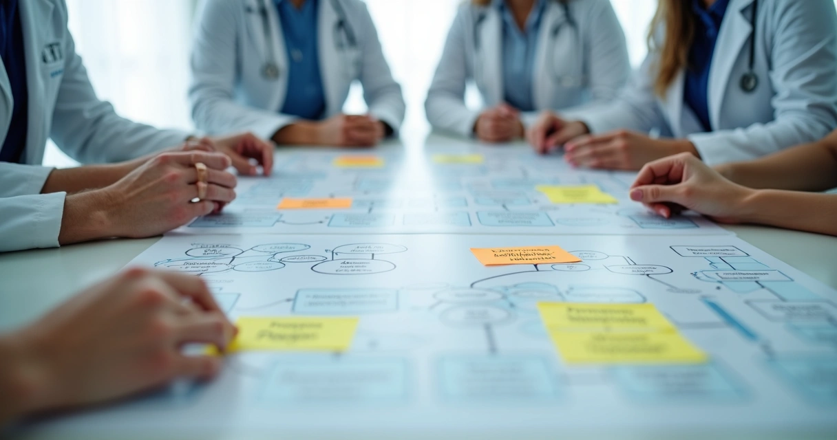 Equipe de clínica odontológica discutindo processos internos 