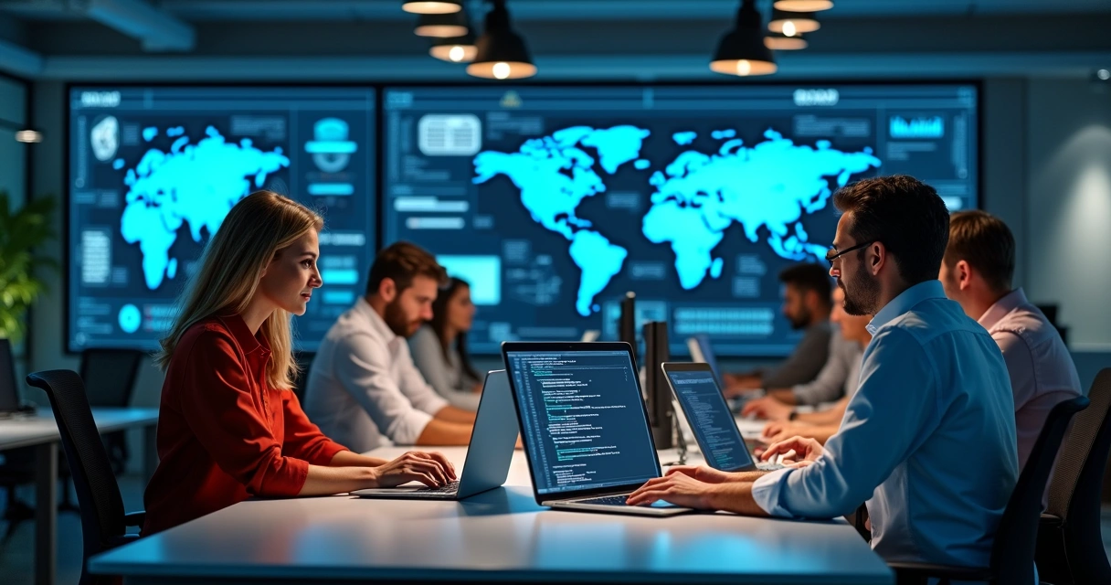 Equipe de TI terceirizada trabalhando em laptops lado a lado em escritório moderno 