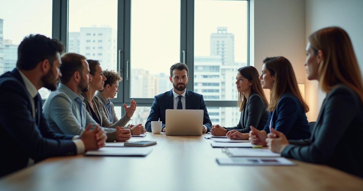 Equipe reunida ao redor de uma mesa escutando com atenção