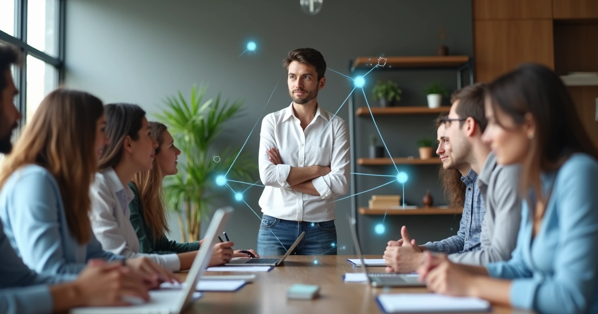 Gestor observando equipe em reunião com conexões invisíveis representadas por linhas sutis 