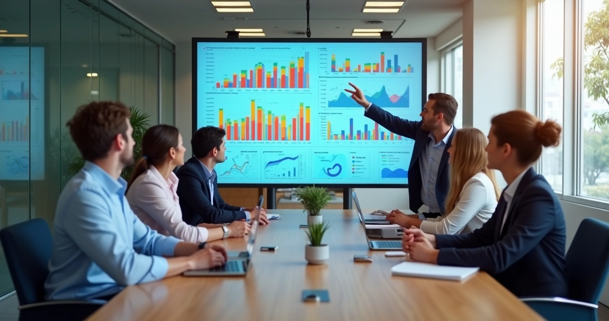 Equipe de sócios em reunião em sala moderna com tela exibindo gráficos de desempenho
