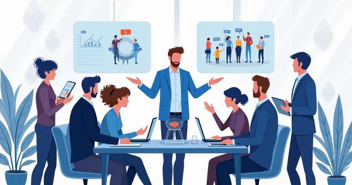 Equipe reunida em torno de computadores discutindo canais de parcerias SaaS 
