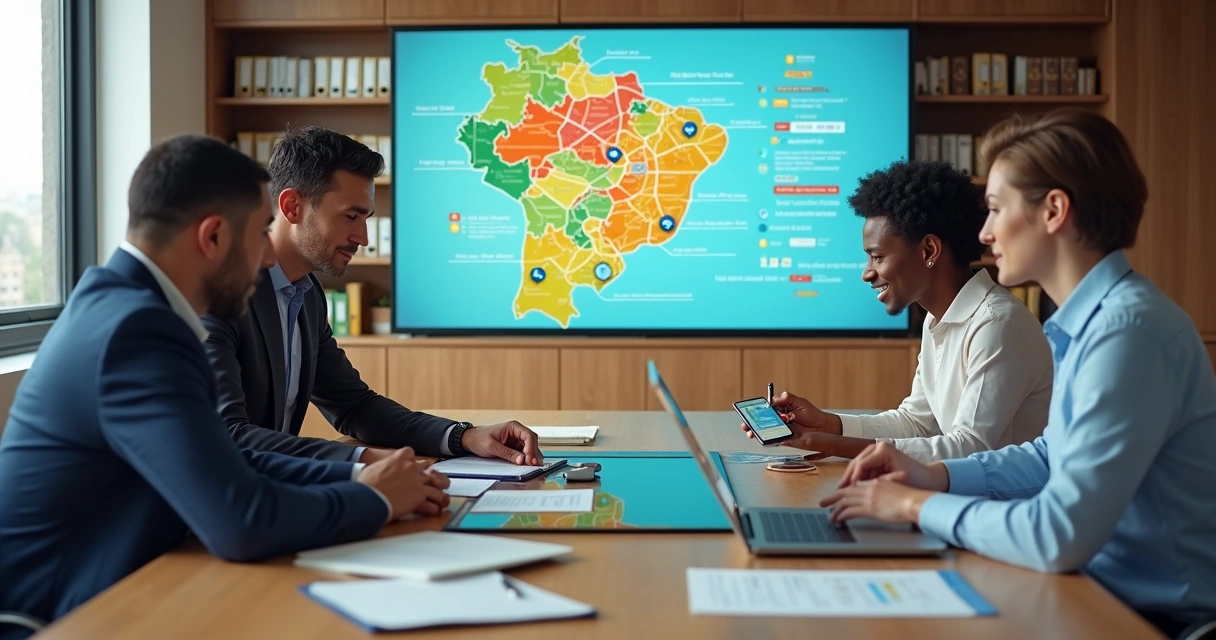 Equipe de partidos políticos analisando mapa eleitoral digital em sala de reunião 