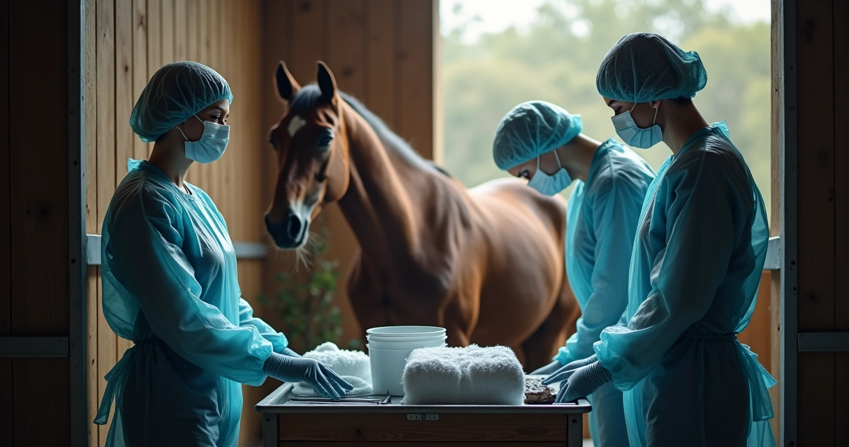 Equipe de pessoas ao redor de égua em trabalho de parto com materiais prontos 