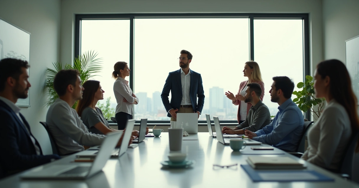Equipe fazendo pausa breve entre reuniões no escritório 