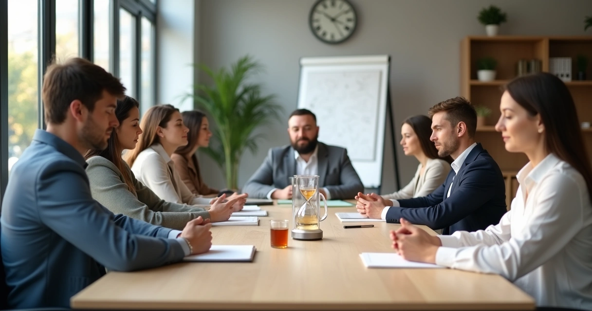 Equipe de trabalho em pausa breve em sala de reunião calma 