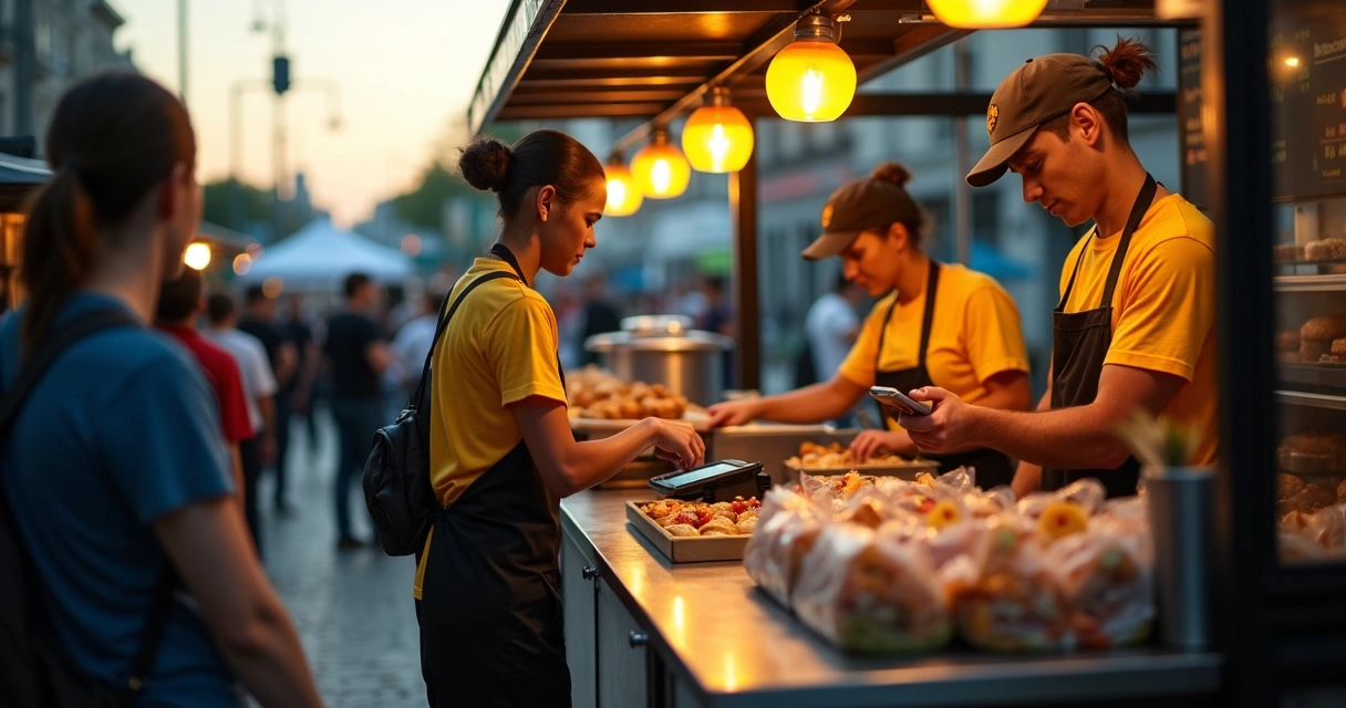 Equipe de food truck usando PDV smart durante atendimento 