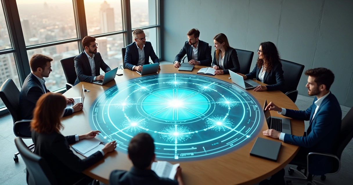 Equipe de negócios em reunião vista de cima conectada por linhas em formato de sistema 