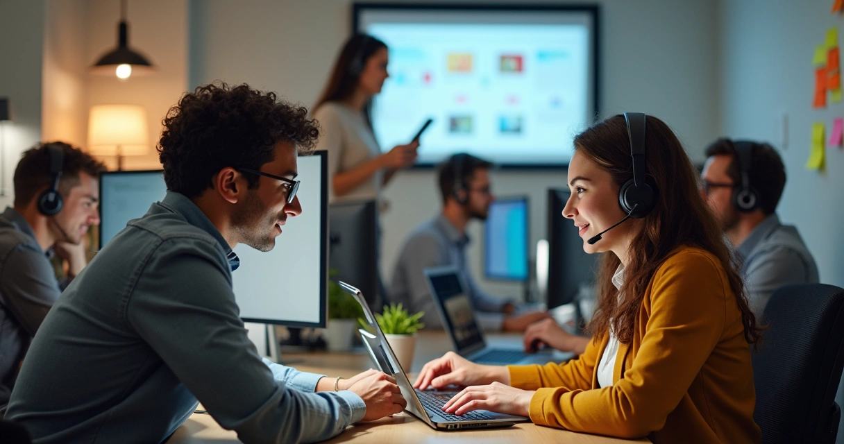 Equipe colaborando em suporte técnico em escritório moderno. 