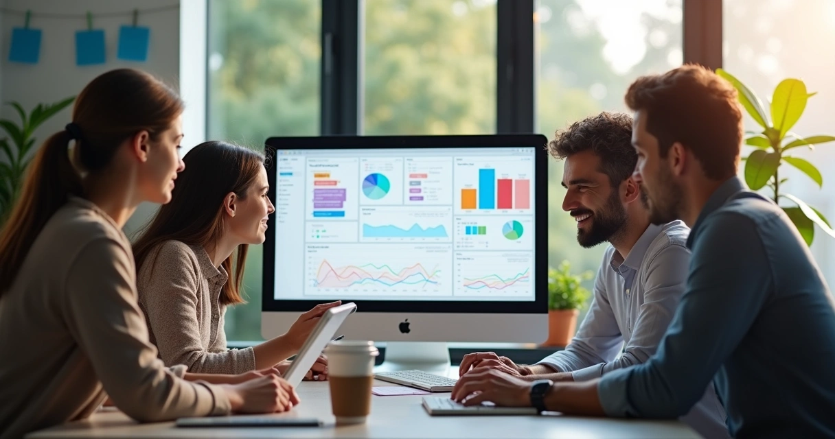 Equipe pequena em ambiente de escritório analisando dados em computador 