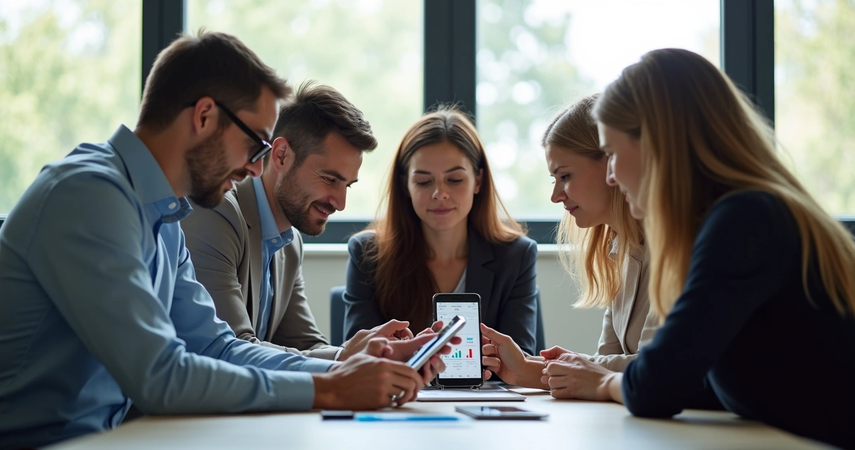 Equipe reunida usando aplicativo Power Apps em celular 