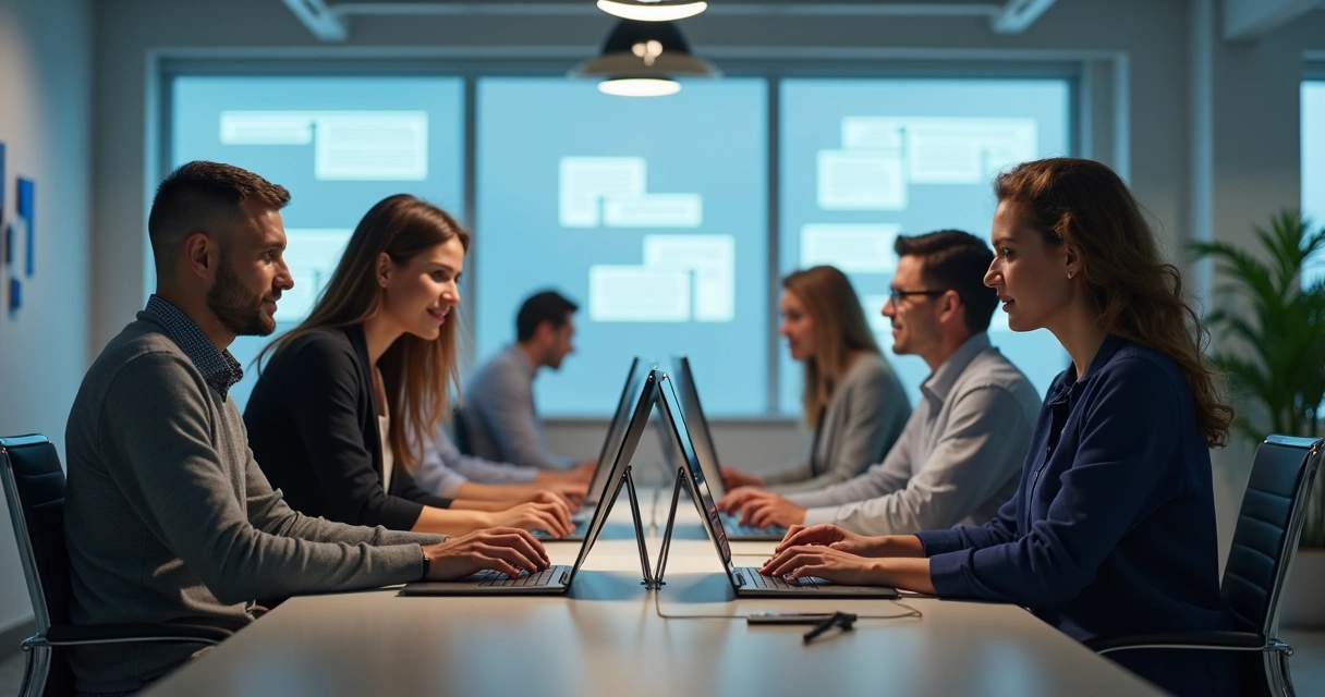 Equipe pequena usando atendimento automatizado em computadores 