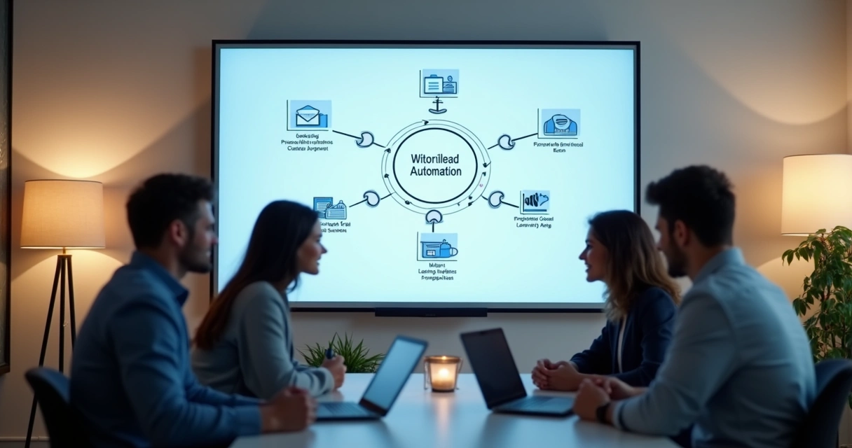 Equipe pequena em volta de uma tela mostrando automação de leads 