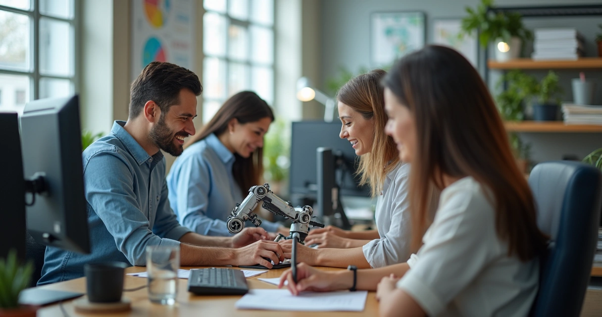 Equipe de pequena empresa usando IA para automatizar tarefas cotidianas. 