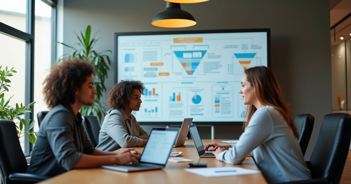 Equipe pequena usando sistema de automação no notebook 