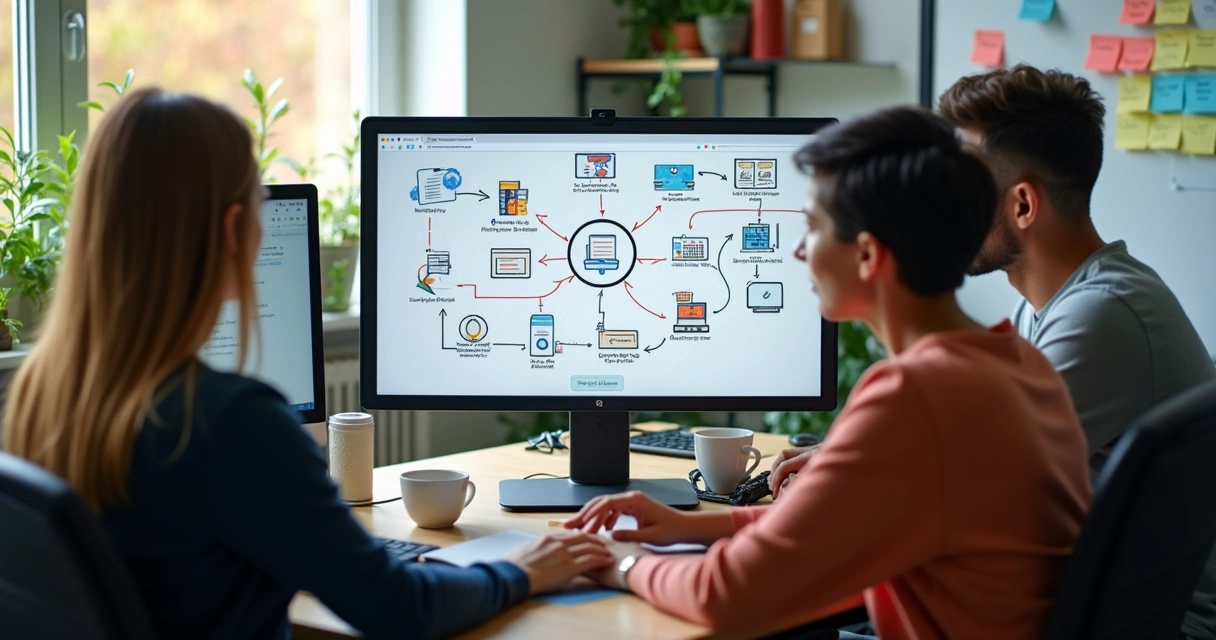 Equipe pequena usando computador para automatizar tarefas 