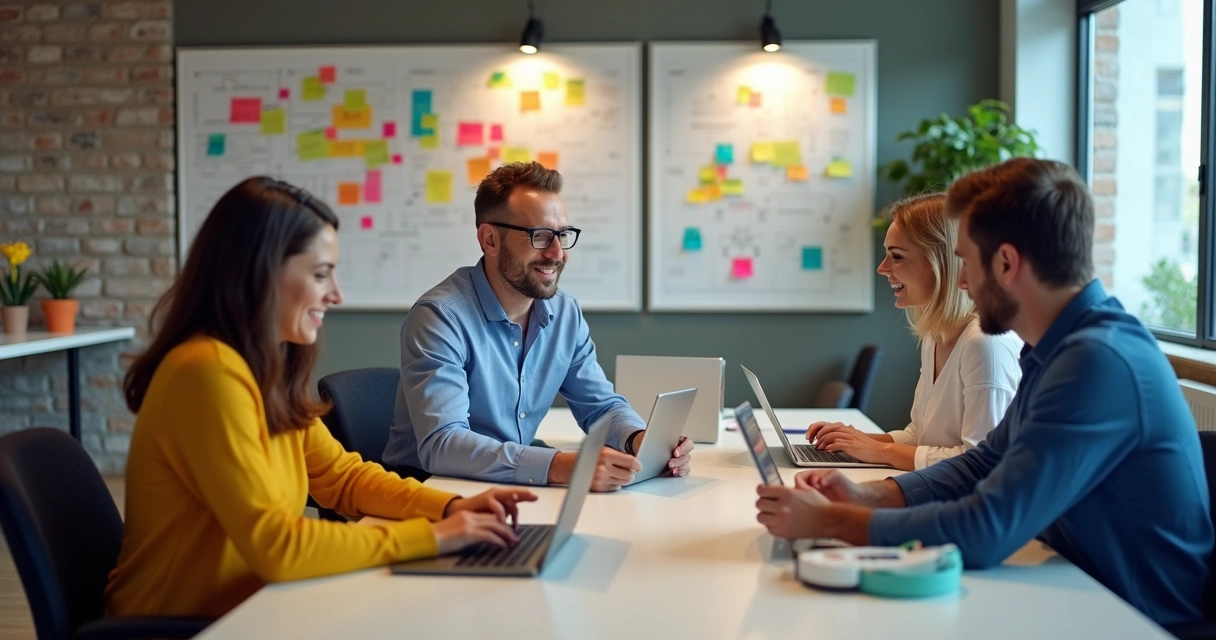 Pequena equipe usando notebooks para automatizar vendas em ambiente moderno 