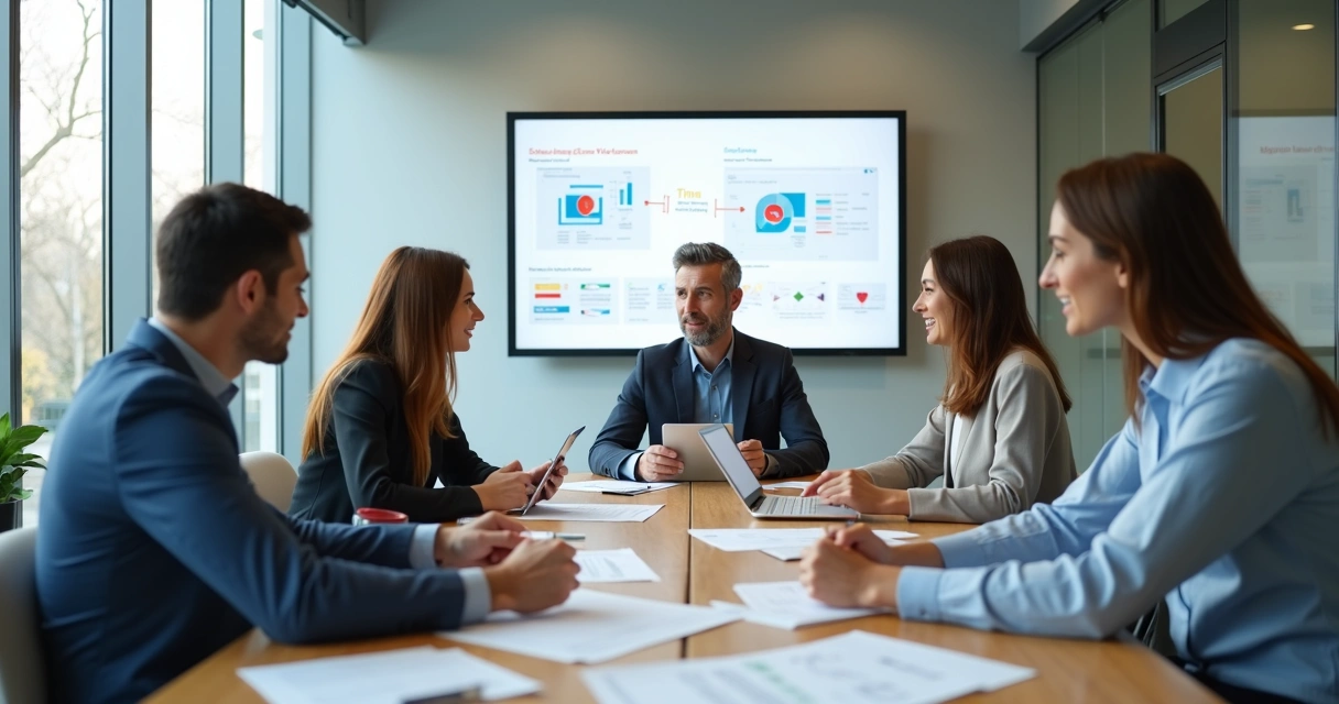 Equipe pequena discutindo integração de carteira de clientes.