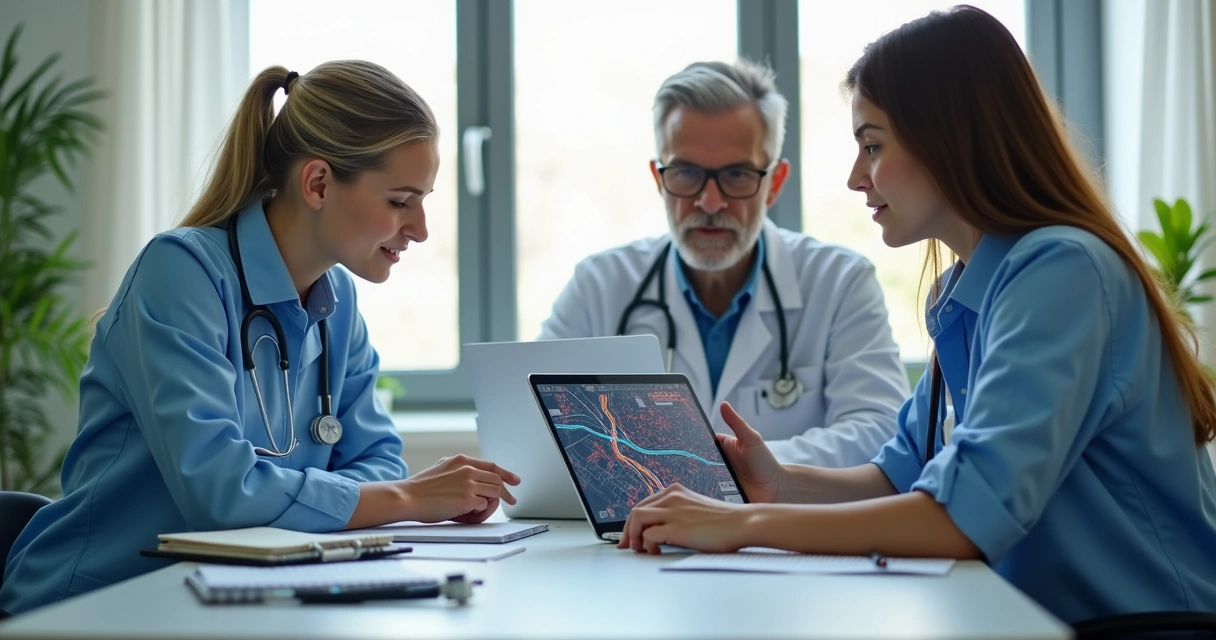 Geolocalização: Como Aumentar Agendamentos em Clínicas Locais Equipe de clínica pequena planejando rotas em computador