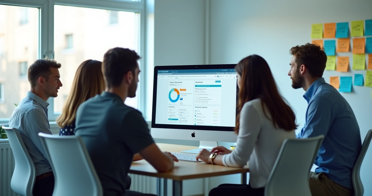 Equipe pequena reunida em volta de um computador durante treinamento online