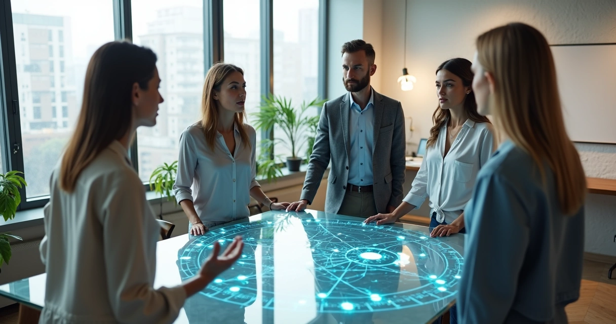 Equipe pequena em círculo enxergando conexões sistêmicas no ambiente de trabalho 